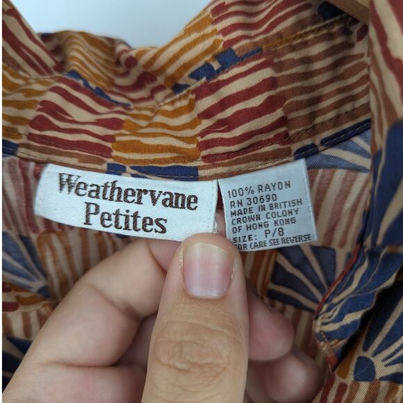 1970s Long Sleeve Collared Geometric Print Button Down Rayon Top S/M Weathervane - Picture 3 of 3